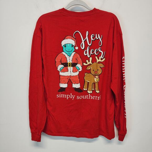 Simply Southern Long Sleeve T-Shirt Size XL Red Hey Deer Santa Reindeer Holiday - Picture 1 of 7